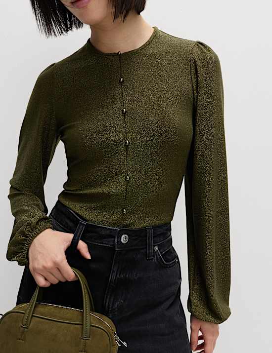 Sparkly Button Through Blouson Sleeve Top