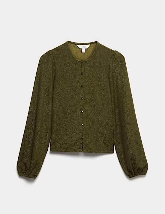 Sparkly Button Through Blouson Sleeve Top