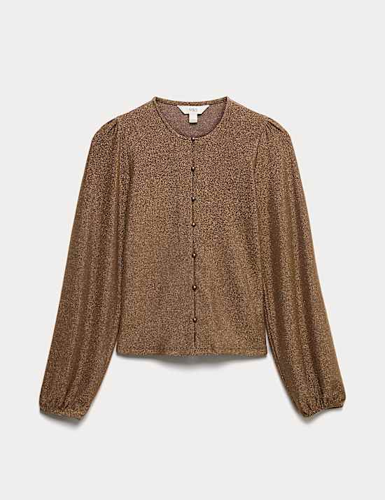 Glitzerndes Oberteil mit durchgehender Knopfleiste und Blousonärmeln