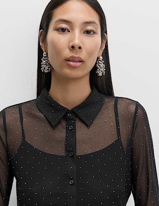Mesh Embellished Fitted Shirt