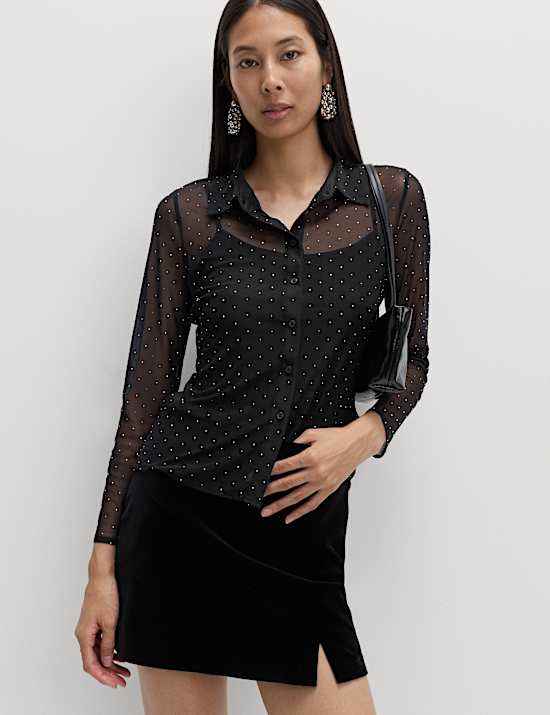 Mesh Embellished Fitted Shirt