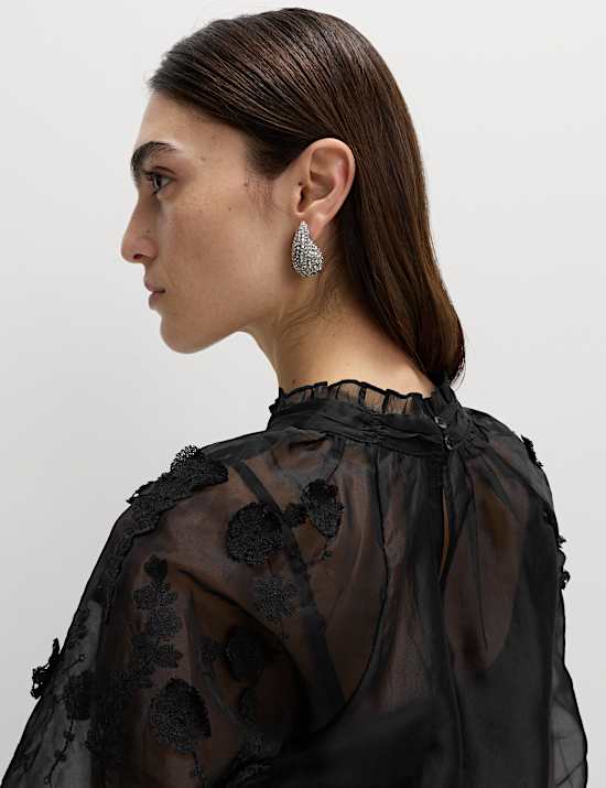 Organza Embroidered Floral High Neck Blouse