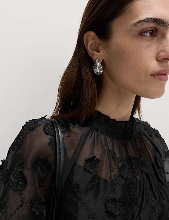 Organza Embroidered Floral High Neck Blouse