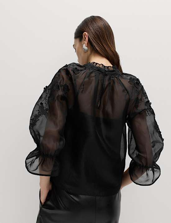 Organza Embroidered Floral High Neck Blouse