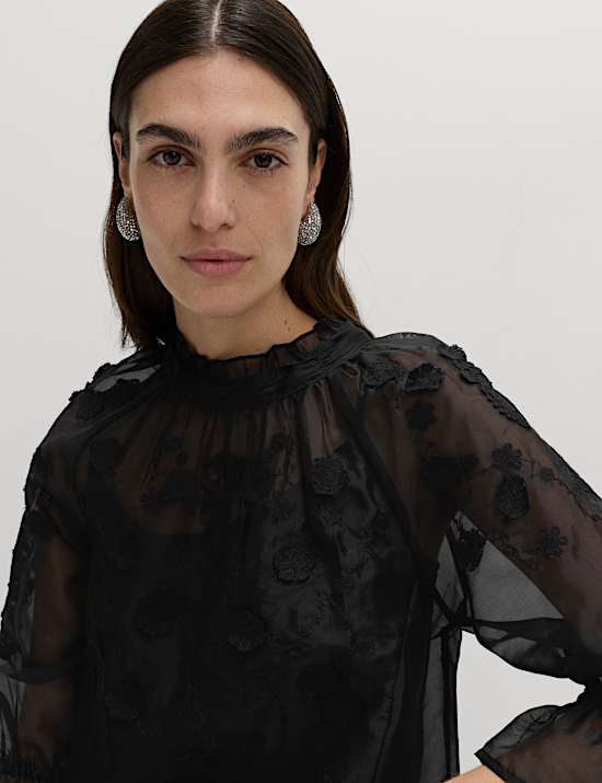 Organza Embroidered Floral High Neck Blouse