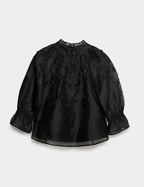 Organza Embroidered Floral High Neck Blouse