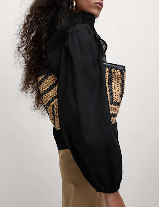 Pure Cotton Collared Ruffle Blouson Sleeve Blouse