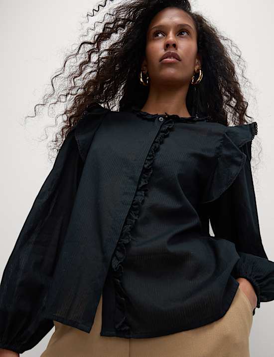 Pure Cotton Collared Ruffle Blouson Sleeve Blouse