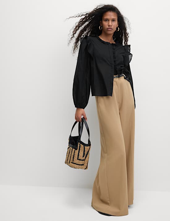 Pure Cotton Collared Ruffle Blouson Sleeve Blouse