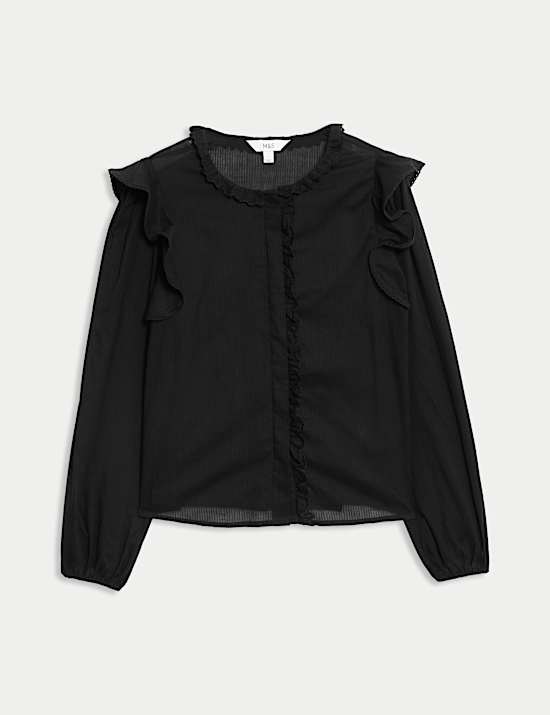 Pure Cotton Collared Ruffle Blouson Sleeve Blouse