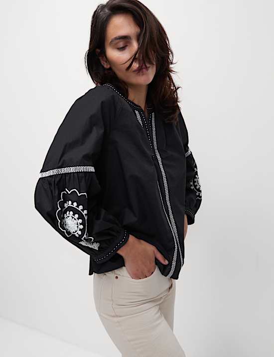 Pure Cotton Embroidered V-Neck Blouse