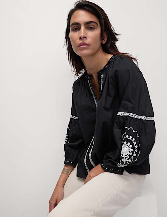 Pure Cotton Embroidered V-Neck Blouse