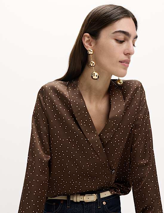 Satin Polka Dot Shawl Collar Shirt