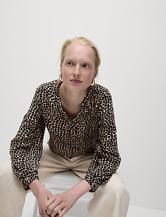 Animal Print V-Neck Popover Blouse