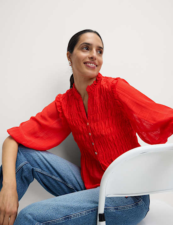 Shirred 3/4 Sleeve Button Through Blouse