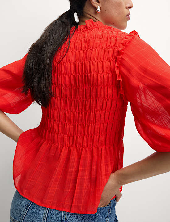 Shirred 3/4 Sleeve Button Through Blouse