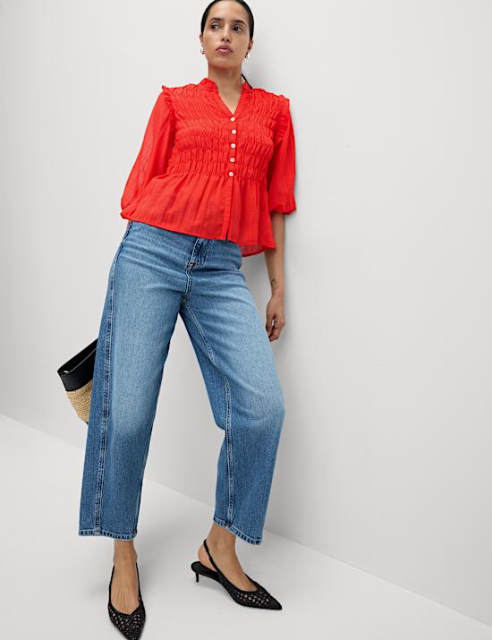 Shirred 3/4 Sleeve Button Through Blouse