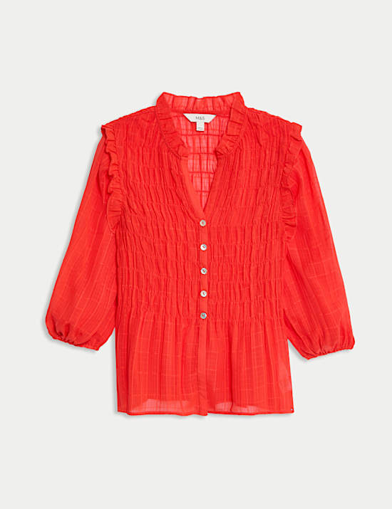 Shirred 3/4 Sleeve Button Through Blouse