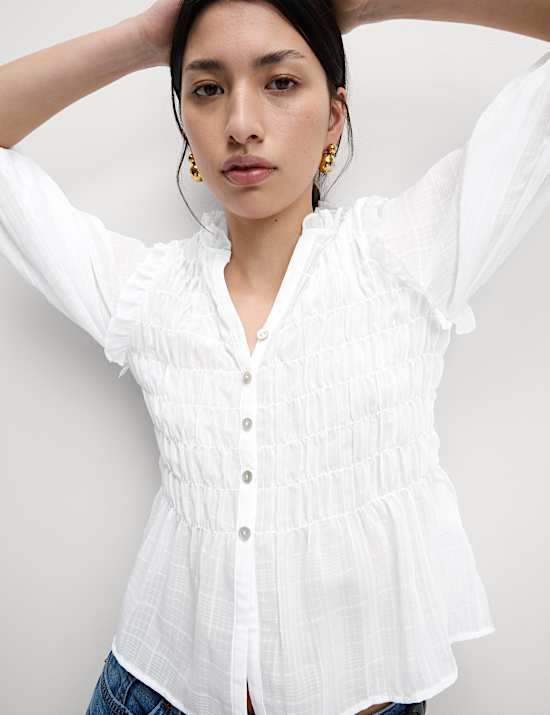 Shirred 3/4 Sleeve Button Through Blouse