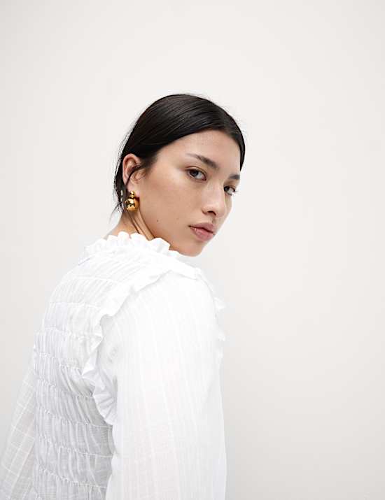 Shirred 3/4 Sleeve Button Through Blouse