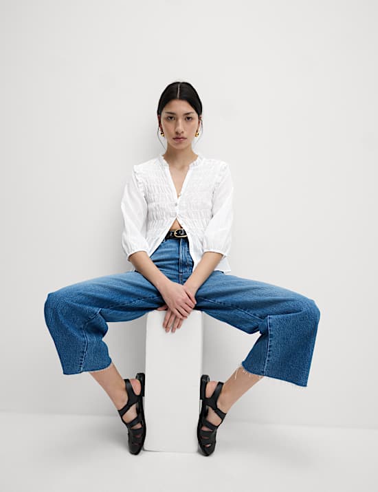 Shirred 3/4 Sleeve Button Through Blouse