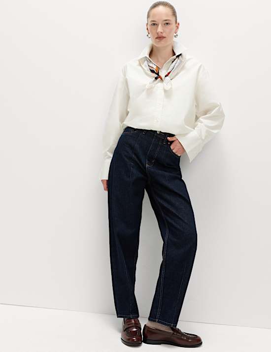 Cotton Cropped Bubble Hem Collared Shirt