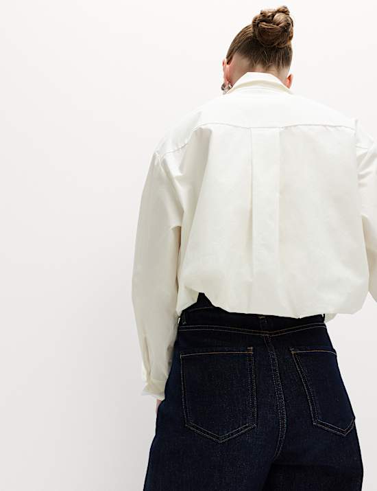 Cotton Cropped Bubble Hem Collared Shirt