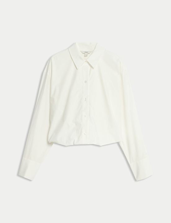 Cotton Cropped Bubble Hem Collared Shirt