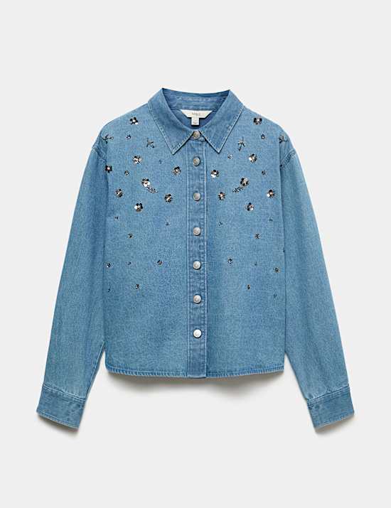 Camisa denim con cuello con adorno