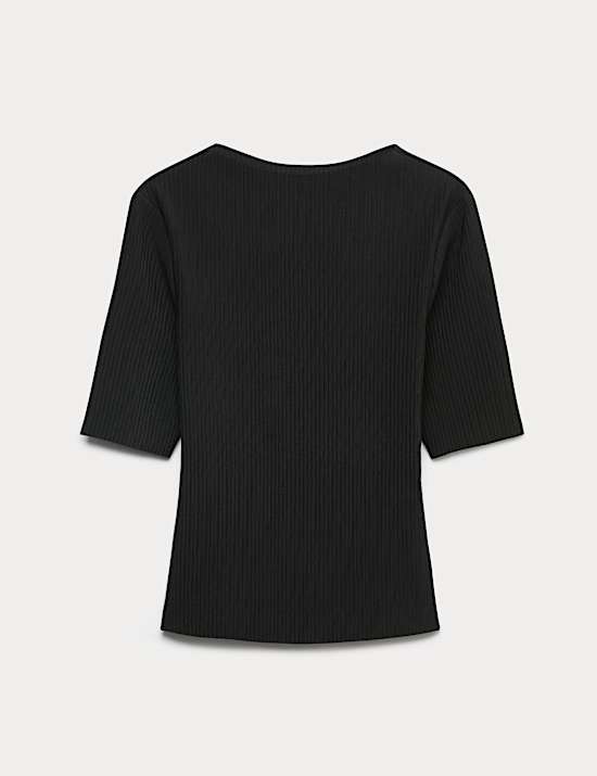 Ribbed Round Neck 3/4 Sleeve Top