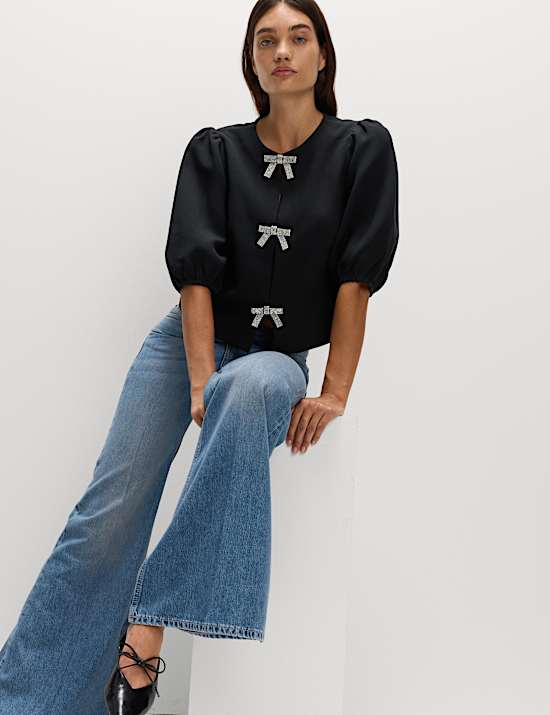 Embellished Bow Puff Sleeve Top