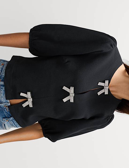 Embellished Bow Puff Sleeve Top