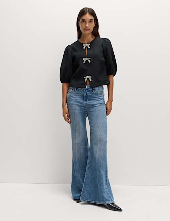 Embellished Bow Puff Sleeve Top