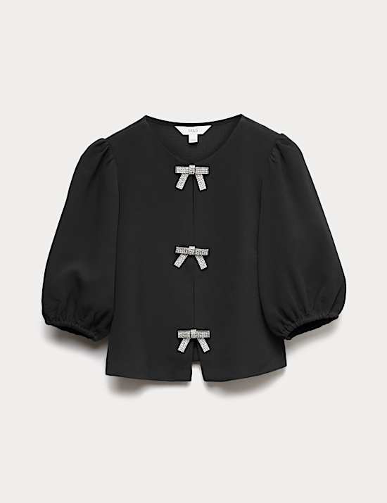 Embellished Bow Puff Sleeve Top