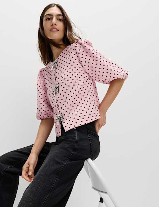 Polka Dot Embellished Bow Top