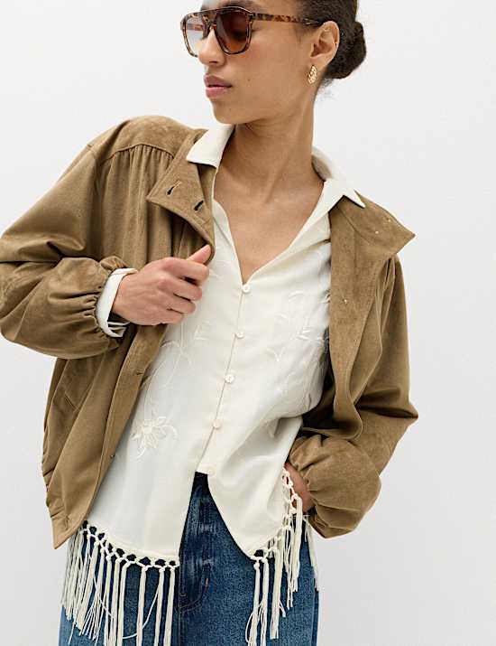 Embroidered Collared Fringe Detail Shirt