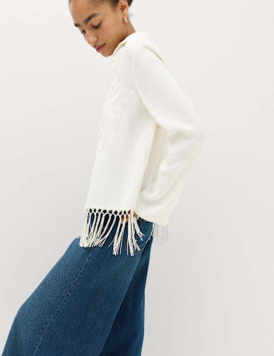 Embroidered Collared Fringe Detail Shirt