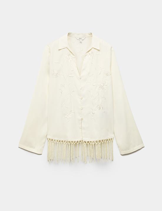 Embroidered Collared Fringe Detail Shirt