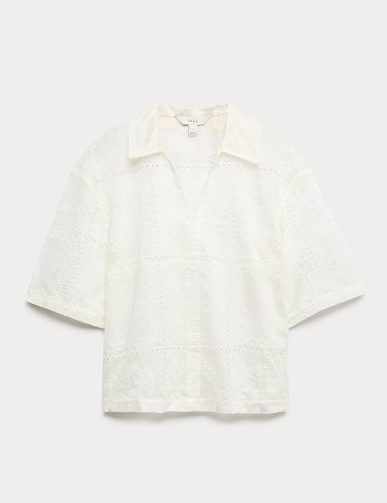 Lyocell Rich Embroidered Collared Top