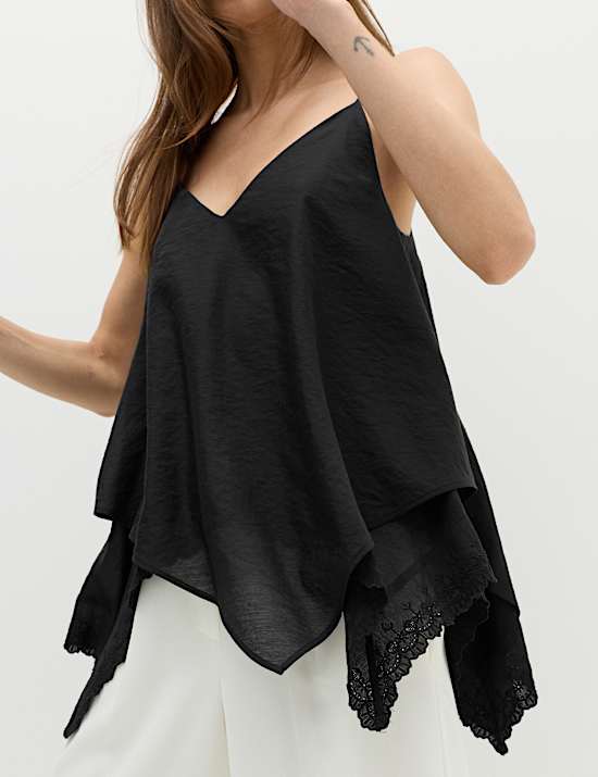 Asymmetric Embroidered V-Neck Cami Top