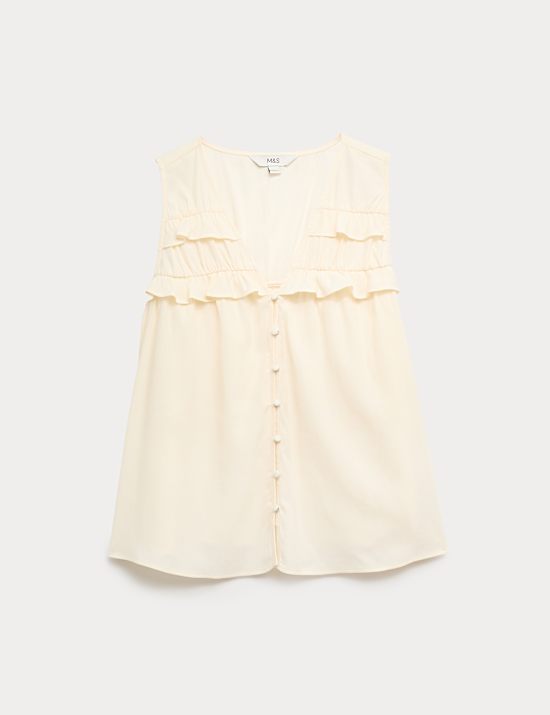 Top con cuello en pico de lyocell con detalle de volantes