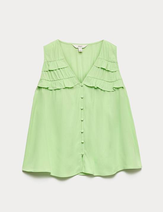 Top con cuello en pico de lyocell con detalle de volantes