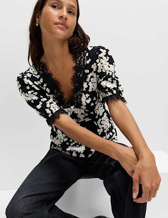 Floral V Neck Bow Lace Detail Top