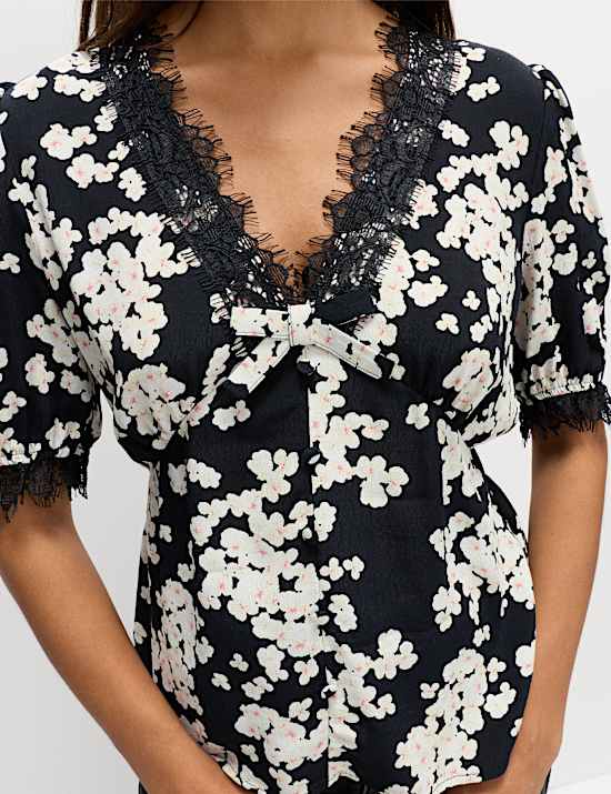 Floral V Neck Bow Lace Detail Top