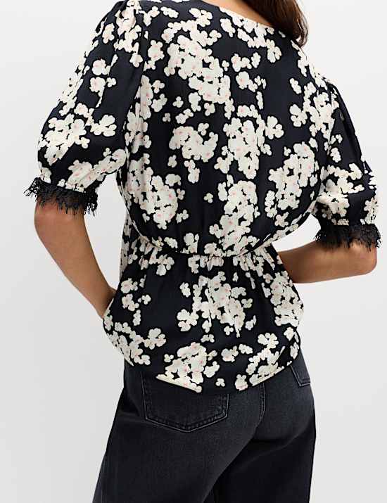 Floral V Neck Bow Lace Detail Top