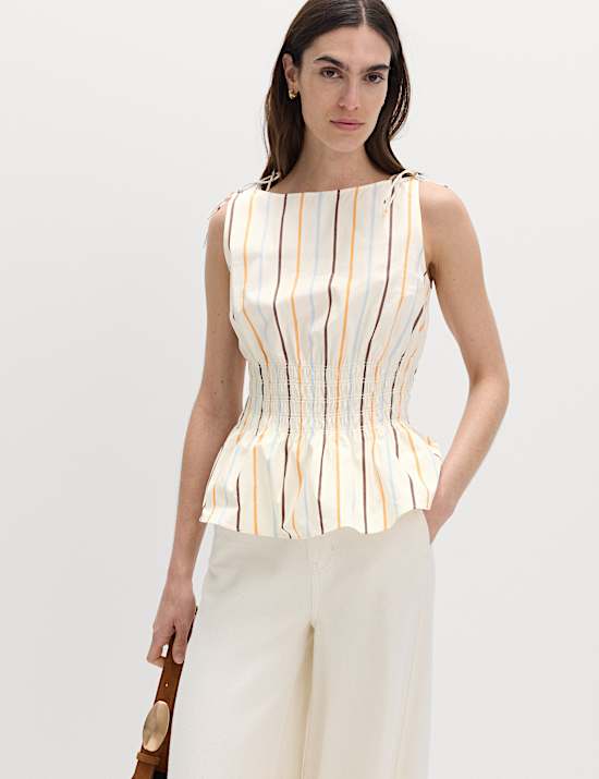 Pure Cotton Striped Shirred Waisted Top