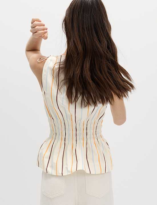 Pure Cotton Striped Shirred Waisted Top