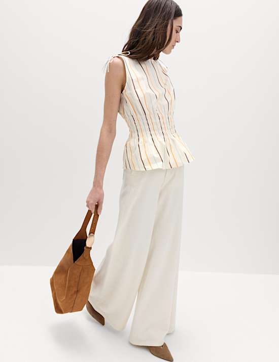 Pure Cotton Striped Shirred Waisted Top