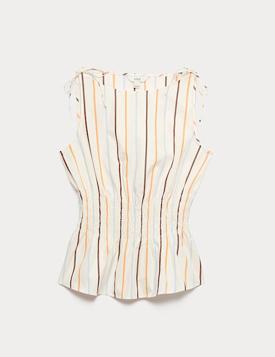 Pure Cotton Striped Shirred Waisted Top