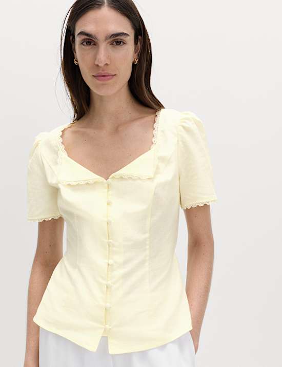 Cotton Blend Lace Detail Waisted Top